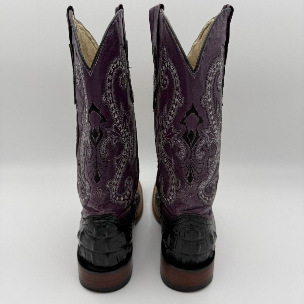 Ferrini Rancher Caiman Print Boots Handcrafted Black purple crocodile Women sz 7 - Picture 7 of 8
